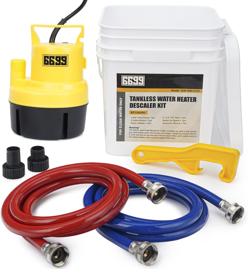 6699 Tankless Water Heater Flushing Kit Includes 1/4HP Submersible Sump Pump with Two Adapters & 3 Gallons Pail with Bucket Lid Opener & Two 1/2” Dia X 6’ PVC Hoses with Washers - Image 1